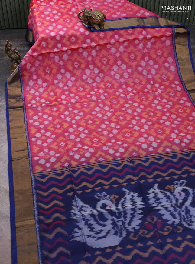 Ikat silk cotton saree pink shade and peacock blue with allover ikat weaves and zari woven border