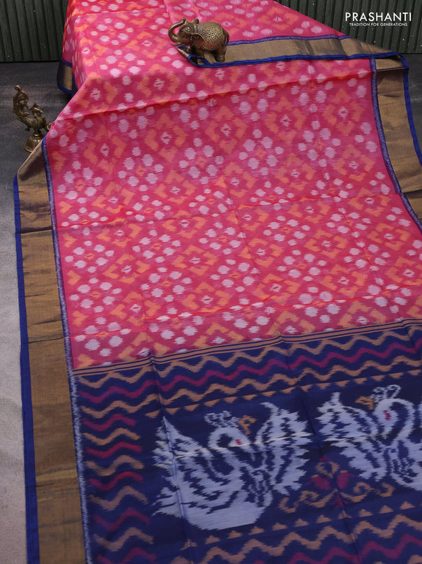 Ikat silk cotton saree pink shade and peacock blue with allover ikat weaves and zari woven border