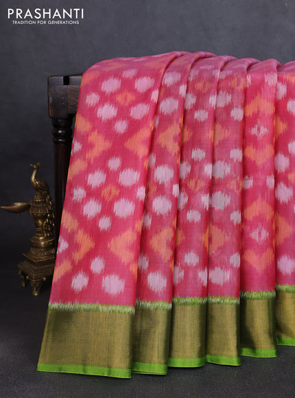 Ikat silk cotton saree red shade and mehendi green with allover ikat weaves and zari woven border