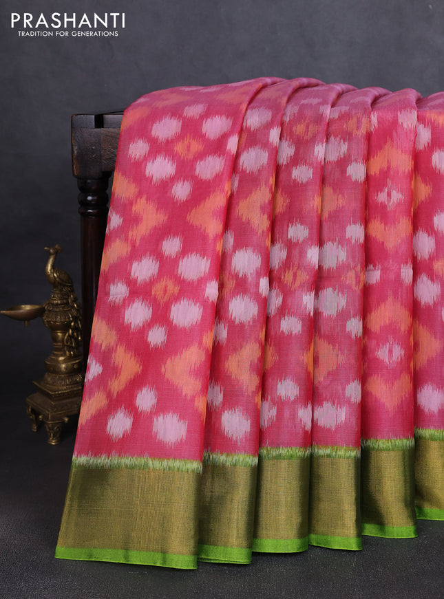 Ikat silk cotton saree red shade and mehendi green with allover ikat weaves and zari woven border