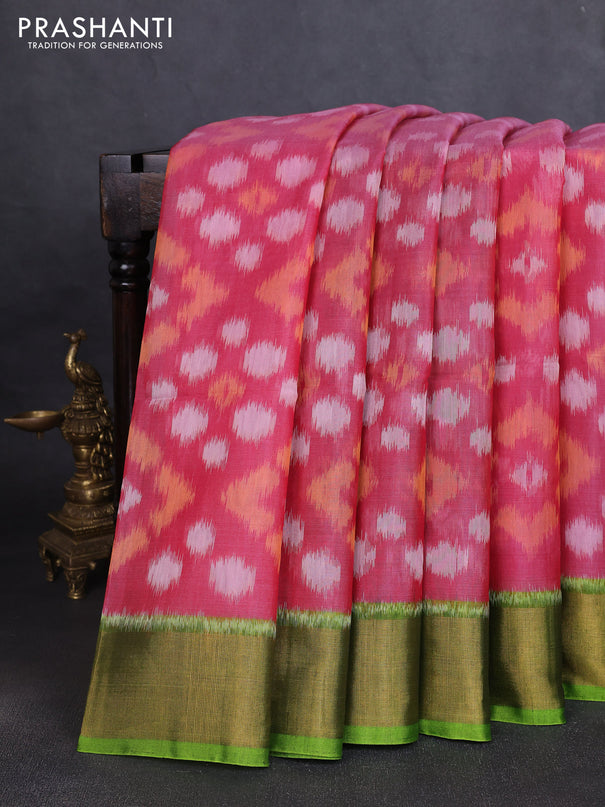 Ikat silk cotton saree red shade and mehendi green with allover ikat weaves and zari woven border