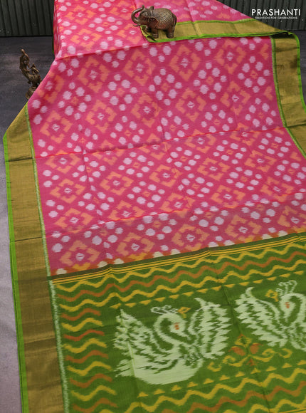 Ikat silk cotton saree red shade and mehendi green with allover ikat weaves and zari woven border