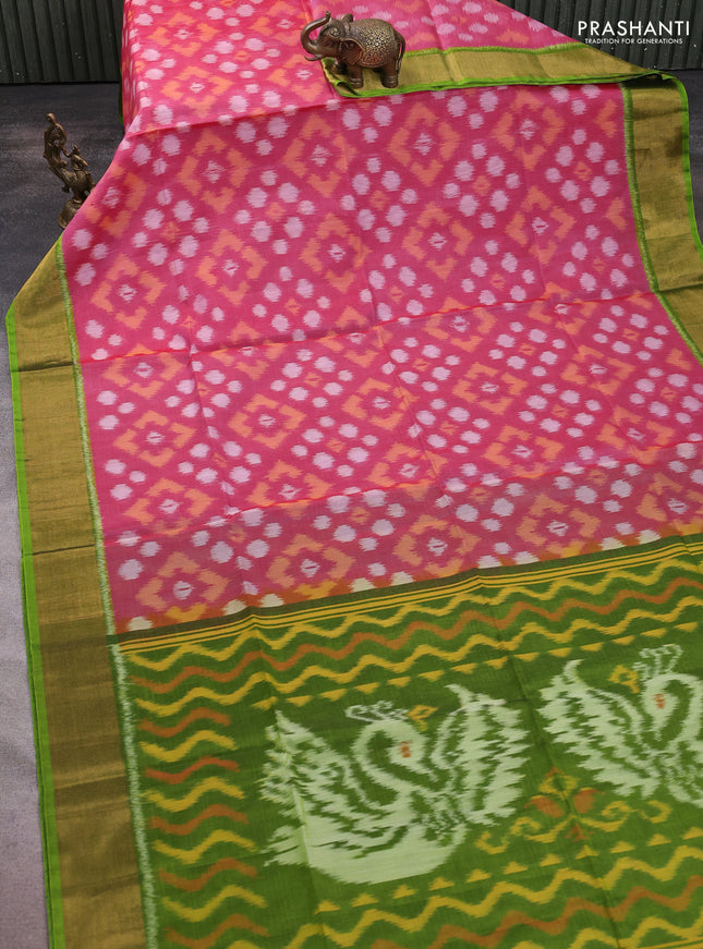 Ikat silk cotton saree red shade and mehendi green with allover ikat weaves and zari woven border
