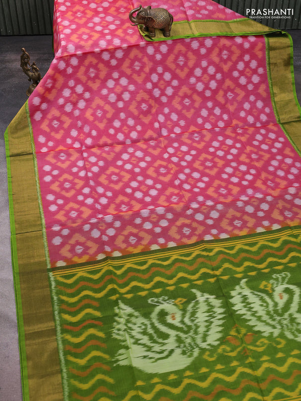 Ikat silk cotton saree red shade and mehendi green with allover ikat weaves and zari woven border