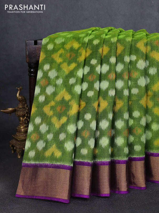 Ikat silk cotton saree mehendi green and purple with allover ikat weaves and zari woven border