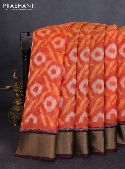 Ikat silk cotton saree rustic orange and wine shade with allover ikat weaves and zari woven border