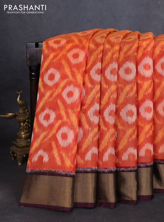 Ikat silk cotton saree rustic orange and wine shade with allover ikat weaves and zari woven border