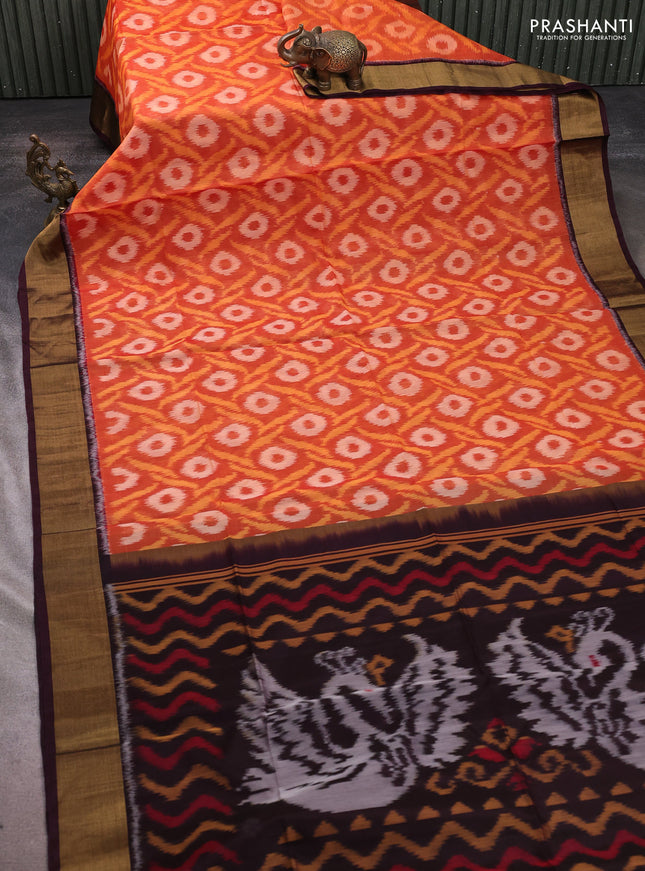 Ikat silk cotton saree rustic orange and wine shade with allover ikat weaves and zari woven border