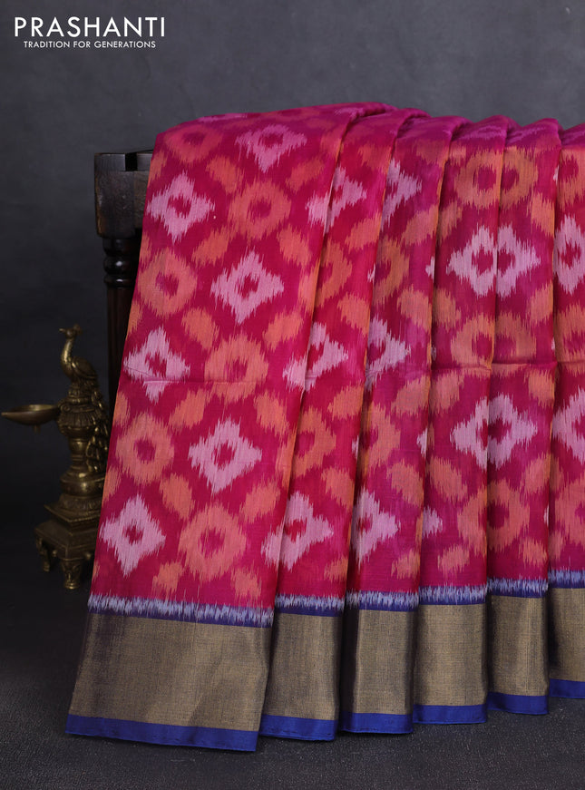 Ikat silk cotton saree pink and peacock blue with allover ikat weaves and zari woven border