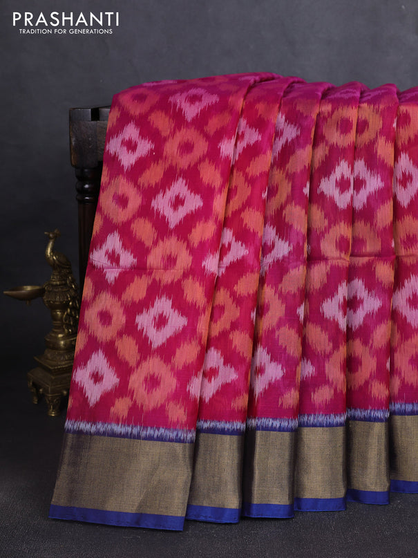 Ikat silk cotton saree pink and peacock blue with allover ikat weaves and zari woven border
