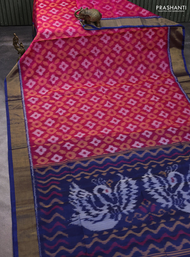 Ikat silk cotton saree pink and peacock blue with allover ikat weaves and zari woven border