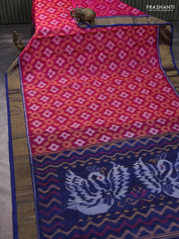 Ikat silk cotton saree pink and peacock blue with allover ikat weaves and zari woven border