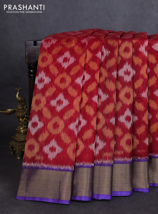 Ikat silk cotton saree red and violet with allover ikat weaves and zari woven border