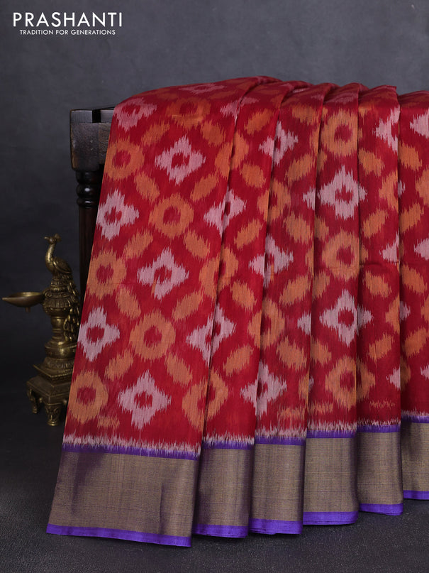 Ikat silk cotton saree red and violet with allover ikat weaves and zari woven border