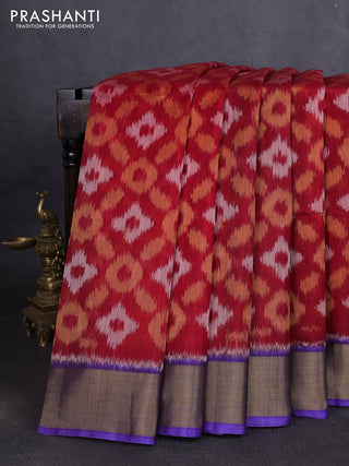 Ikat silk cotton saree red and violet with allover ikat weaves and zari woven border