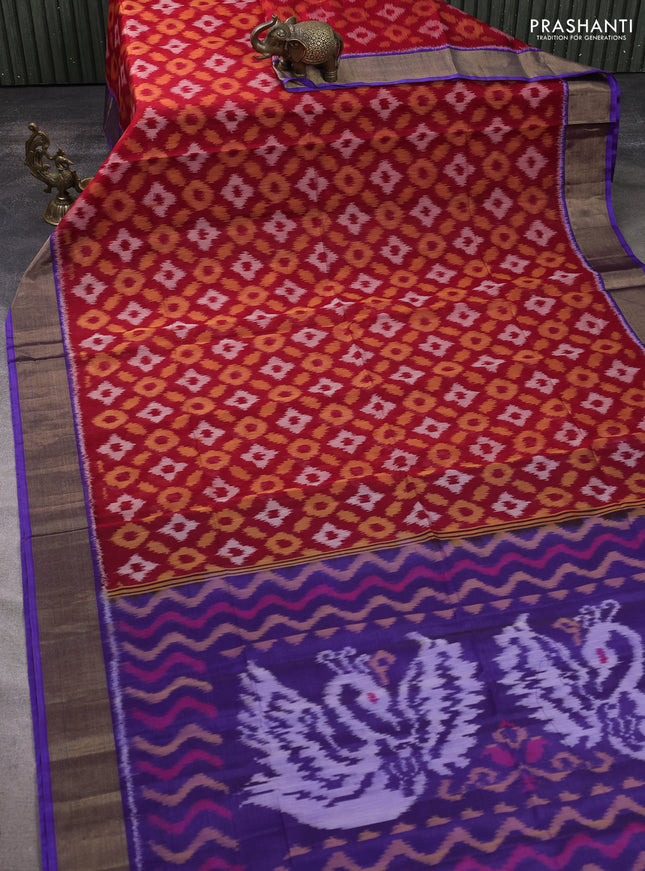 Ikat silk cotton saree red and violet with allover ikat weaves and zari woven border