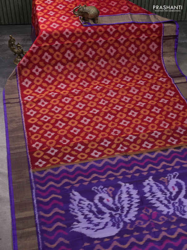 Ikat silk cotton saree red and violet with allover ikat weaves and zari woven border