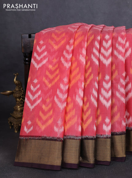 Ikat silk cotton saree red shade and wine shade with allover ikat butta weaves and zari woven border