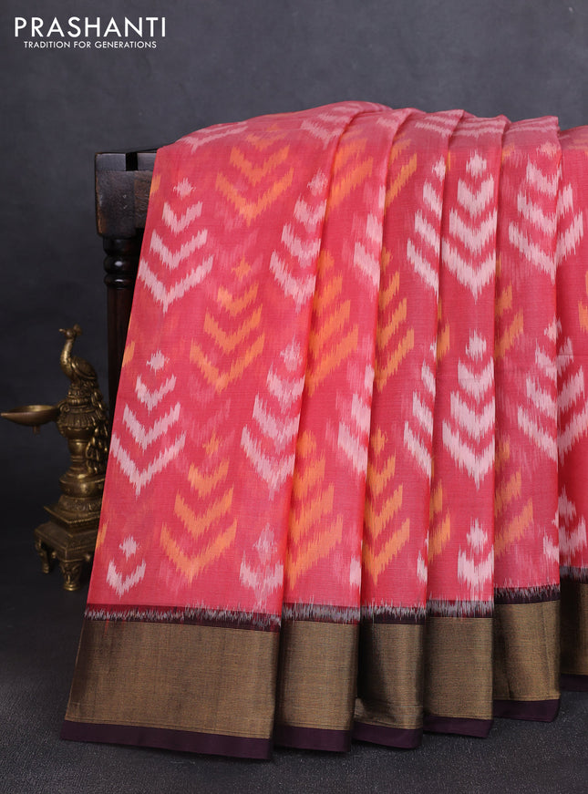 Ikat silk cotton saree red shade and wine shade with allover ikat butta weaves and zari woven border