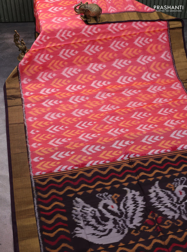 Ikat silk cotton saree red shade and wine shade with allover ikat butta weaves and zari woven border