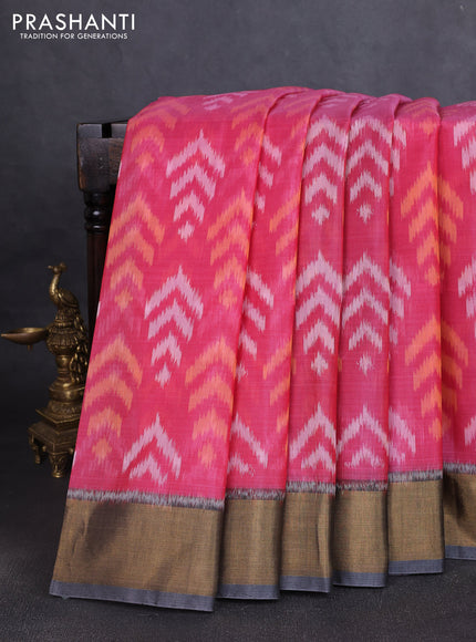 Ikat silk cotton saree pink and grey with allover ikat weaves and zari woven border