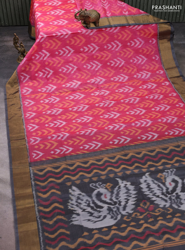 Ikat silk cotton saree pink and grey with allover ikat weaves and zari woven border