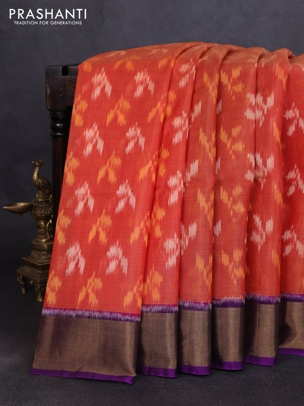 Ikat silk cotton saree orange and purple with allover ikat weaves and zari woven border