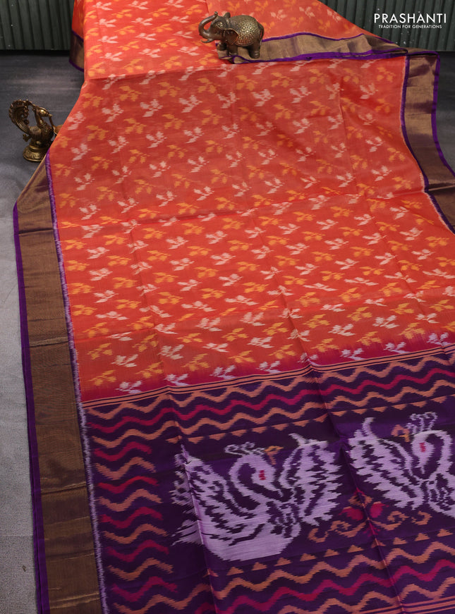 Ikat silk cotton saree orange and purple with allover ikat weaves and zari woven border