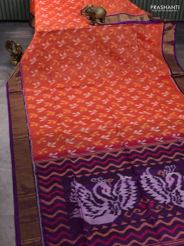 Ikat silk cotton saree orange and purple with allover ikat weaves and zari woven border