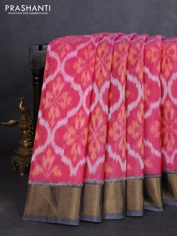 Ikat silk cotton saree pink and grey with allover ikat weaves and zari woven border