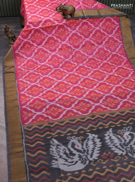 Ikat silk cotton saree pink and grey with allover ikat weaves and zari woven border
