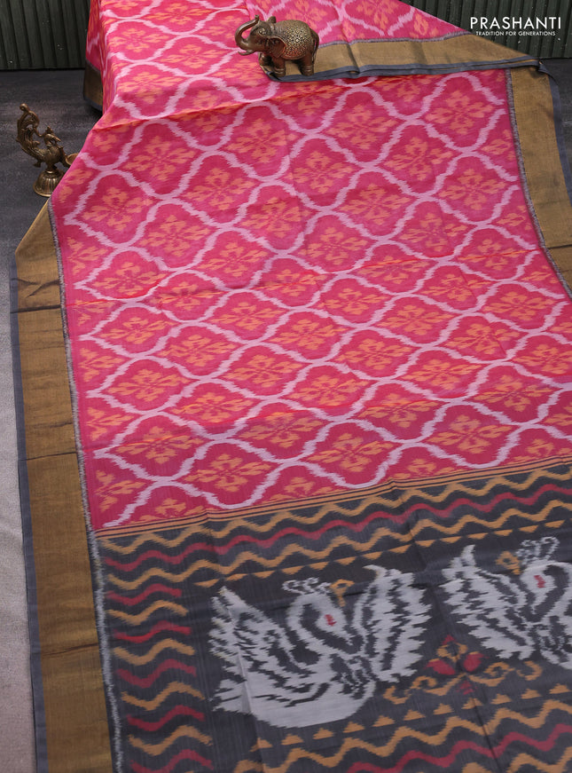 Ikat silk cotton saree pink and grey with allover ikat weaves and zari woven border