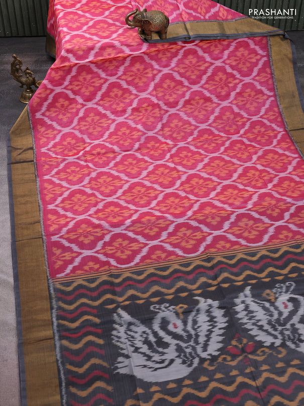 Ikat silk cotton saree pink and grey with allover ikat weaves and zari woven border