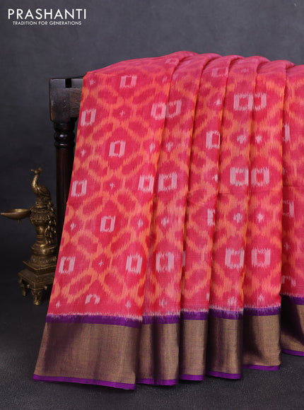 Ikat silk cotton saree pink shade and purple with allover ikat weaves and zari woven border