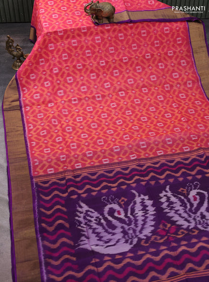 Ikat silk cotton saree pink shade and purple with allover ikat weaves and zari woven border
