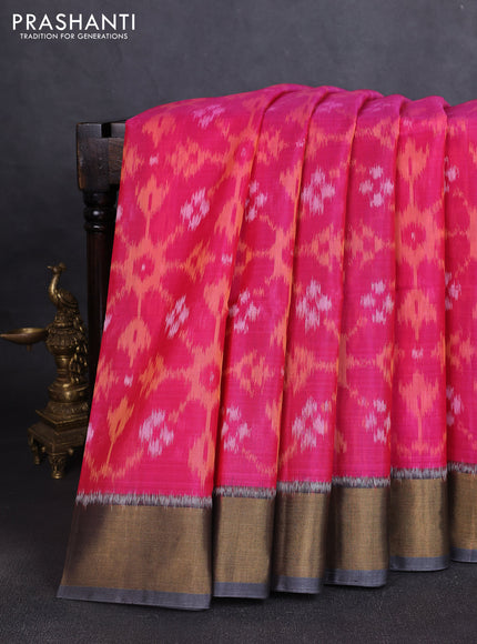 Ikat silk cotton saree pink and grey with allover ikat weaves and zari woven border