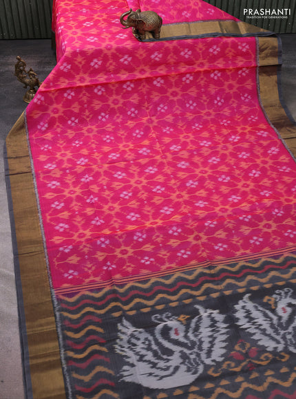 Ikat silk cotton saree pink and grey with allover ikat weaves and zari woven border