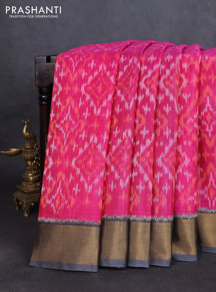 Ikat silk cotton saree dark pink and grey with allover ikat weaves and zari woven border