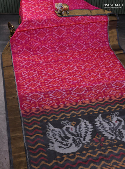 Ikat silk cotton saree dark pink and grey with allover ikat weaves and zari woven border