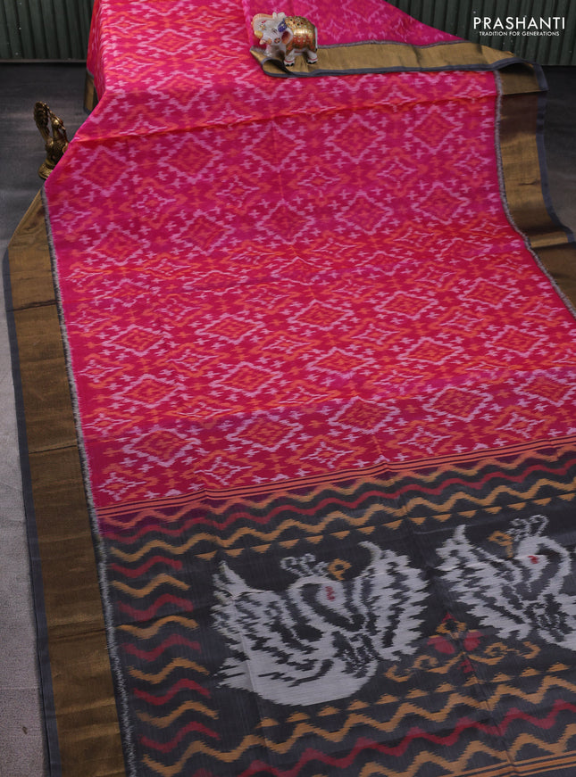 Ikat silk cotton saree dark pink and grey with allover ikat weaves and zari woven border