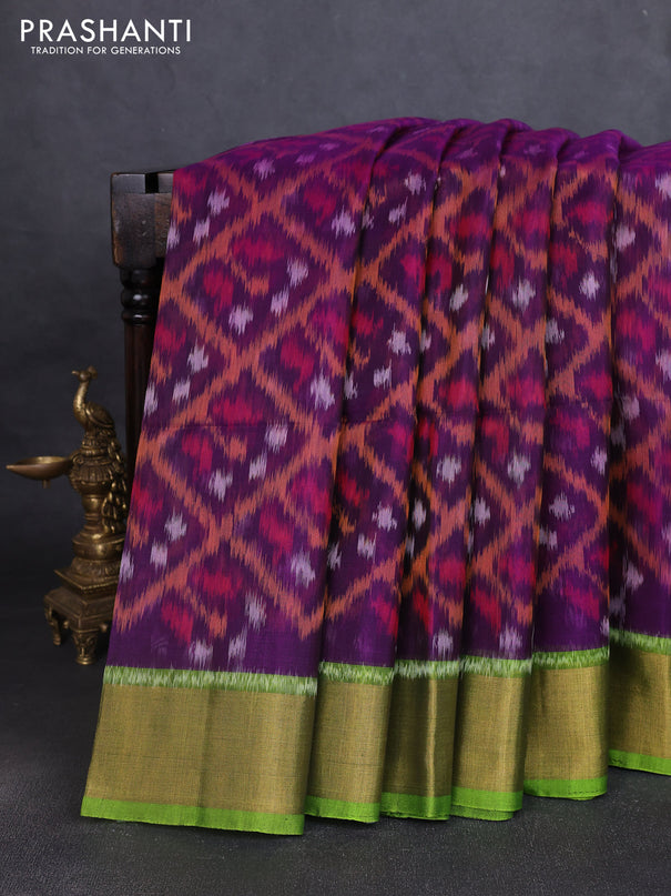 Ikat silk cotton saree purple and light green with allover ikat weaves and zari woven border