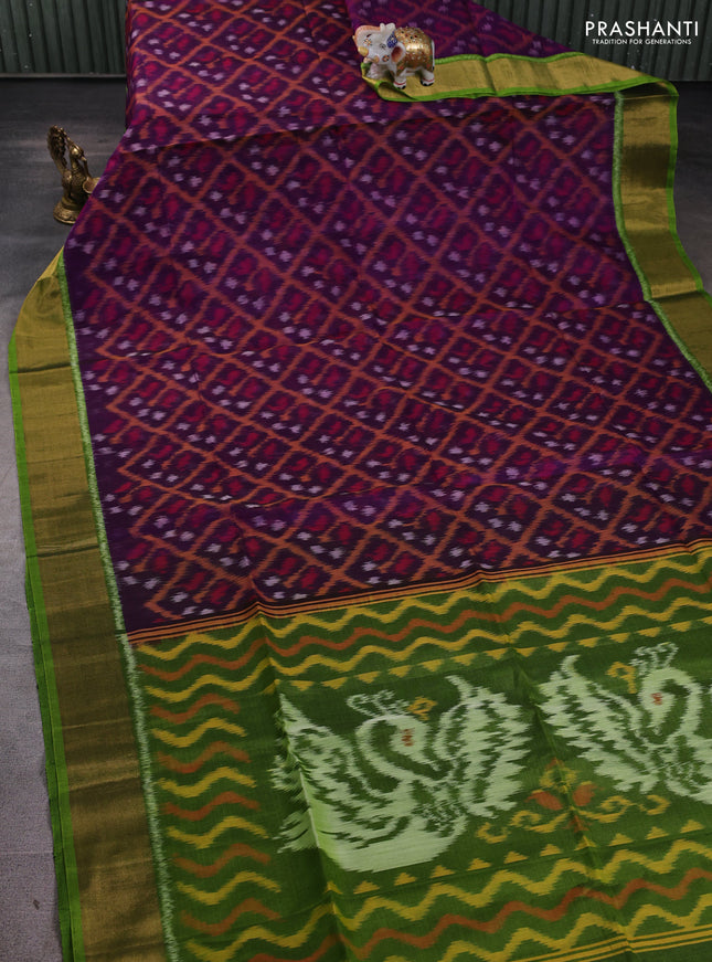 Ikat silk cotton saree purple and light green with allover ikat weaves and zari woven border