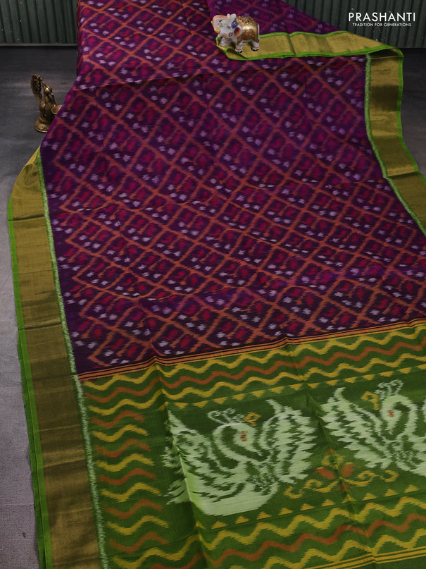 Ikat silk cotton saree purple and light green with allover ikat weaves and zari woven border