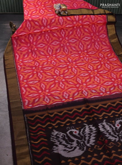 Ikat silk cotton saree peach pink and deep wine with allover ikat weaves and zari woven border