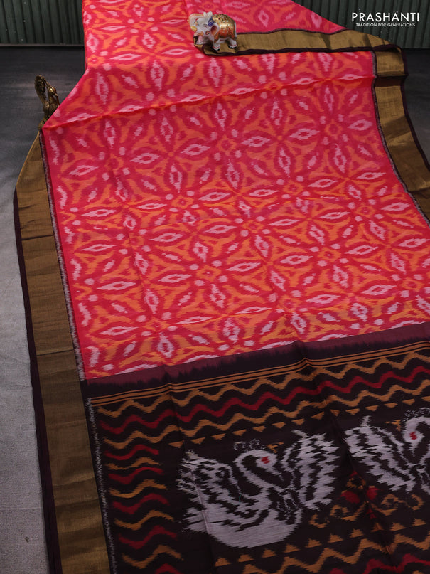 Ikat silk cotton saree peach pink and deep wine with allover ikat weaves and zari woven border