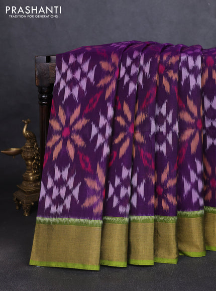 Ikat silk cotton saree purple and light green with allover ikat weaves and zari woven border