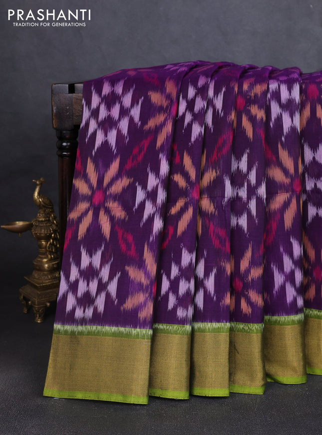 Ikat silk cotton saree purple and light green with allover ikat weaves and zari woven border