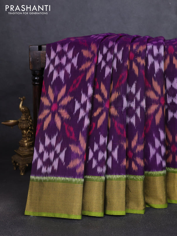 Ikat silk cotton saree purple and light green with allover ikat weaves and zari woven border