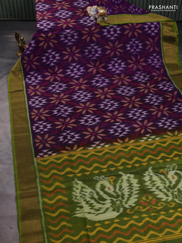 Ikat silk cotton saree purple and light green with allover ikat weaves and zari woven border