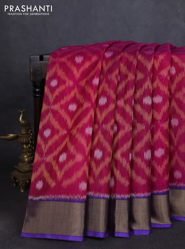 Ikat silk cotton saree dark pink and violet with allover ikat weaves and zari woven border
